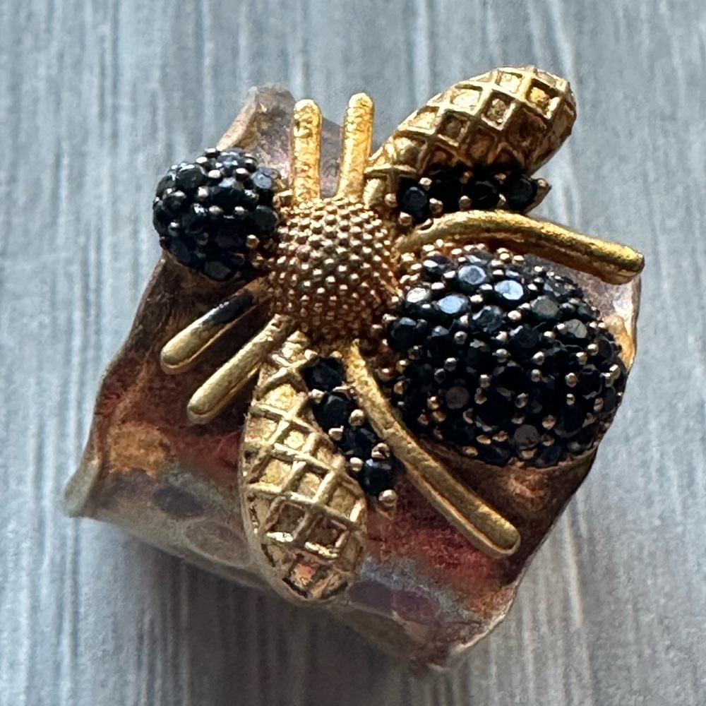 ZeyZey Adjustable Gold Over 925 Black Bee Cuff Ring